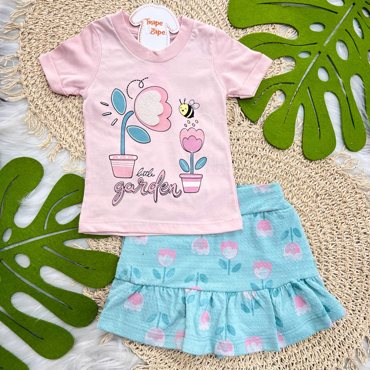  Conj. Blusa Little Garden e Short Saia Flores - Rosa